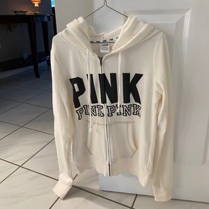 2 VS PINK ZIP UP HOODIES. 1 BLK 1 WHITE. SZ LARGE.